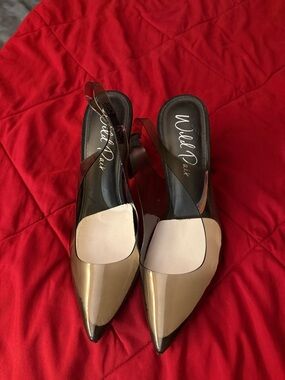 Wild Pair Metallic Gold Pointed Slingback Pumps with Clear Straps